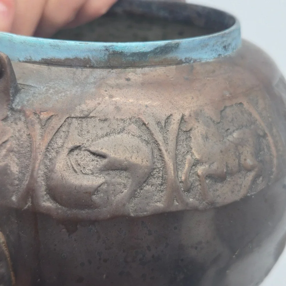 Vintage Chinese Bronze Zodiac Signs Teapot Decorative Embossed Verdigris Patina